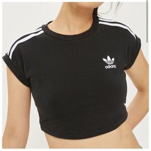 adidas Black Crop 1/2 Athletic Top White Shoulder Stripes - Size M